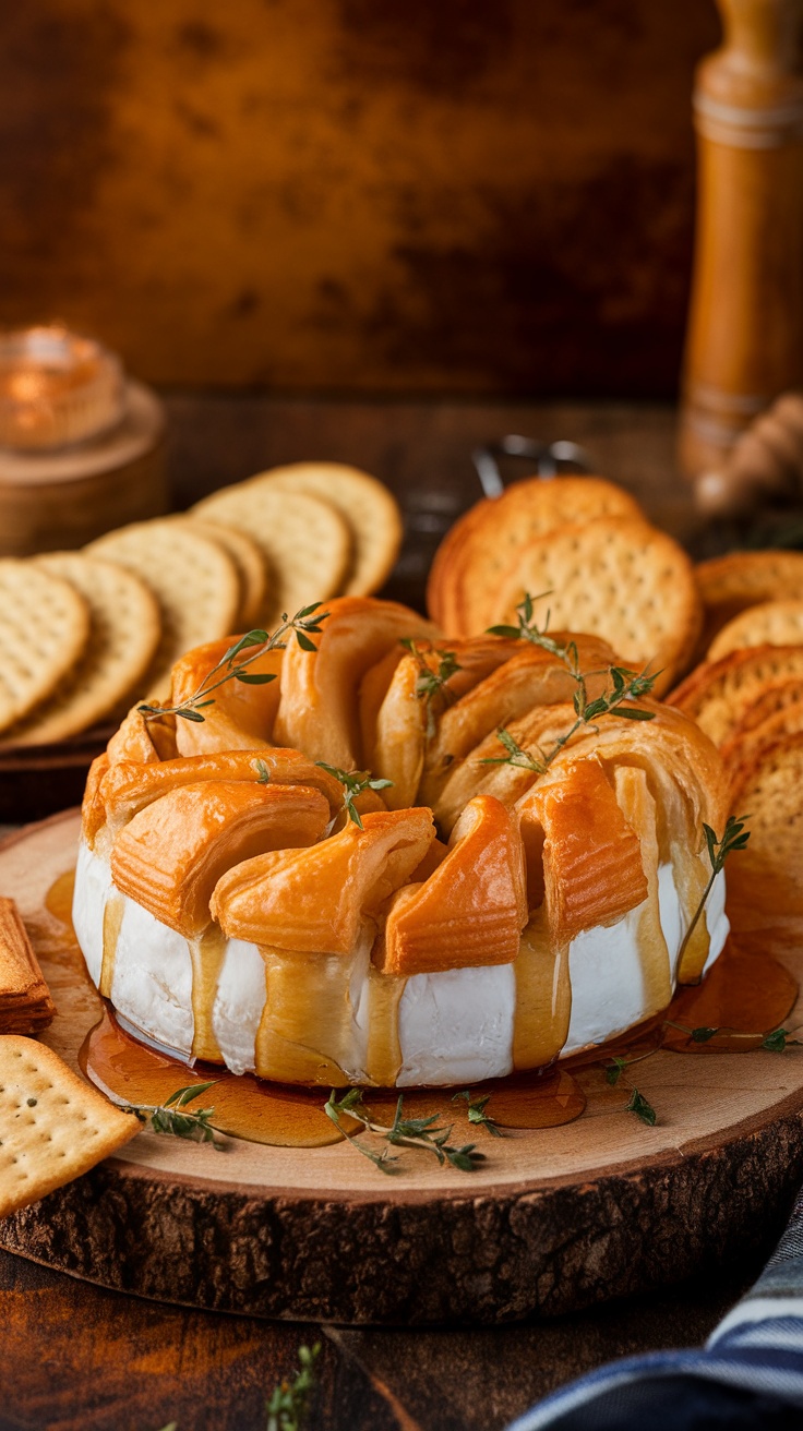 Hot Honey Baked Brie Recipe Hot honey baked brie wrapped in puff pastry, garnished with herbs, served with crackers and bread.