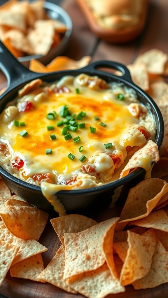 A skillet of warm Tennessee Onion Dip with tortilla chips and baguette slices on a rustic table.
