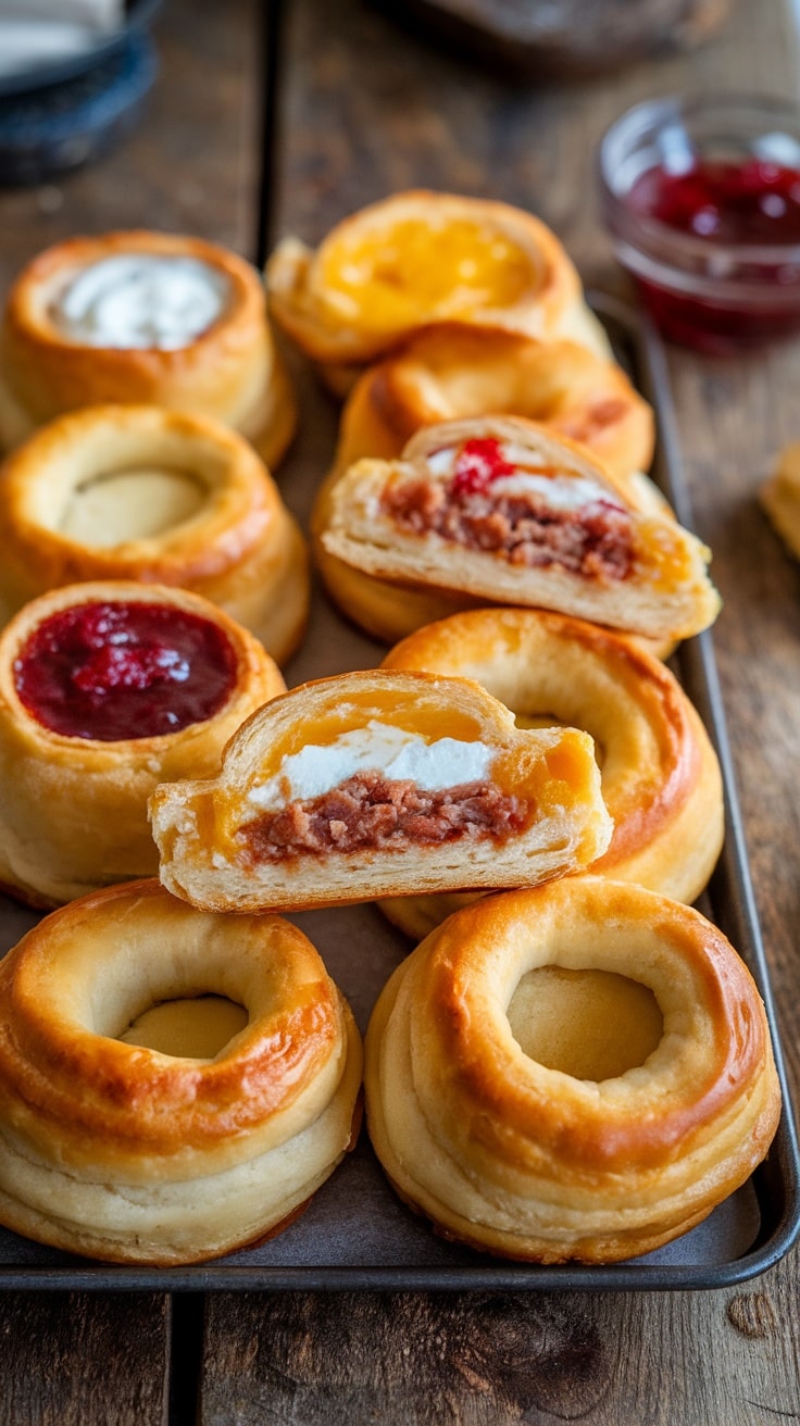 A variety of koláče pastries filled with jam, cream cheese, and sausage, displayed on a wooden tray.