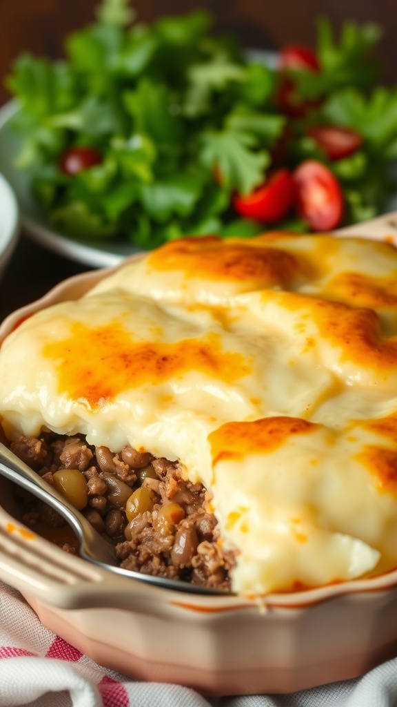 Classic Cottage Pie Recipe A golden-brown cottage pie with ground beef and mashed potatoes, served in a rustic dish.