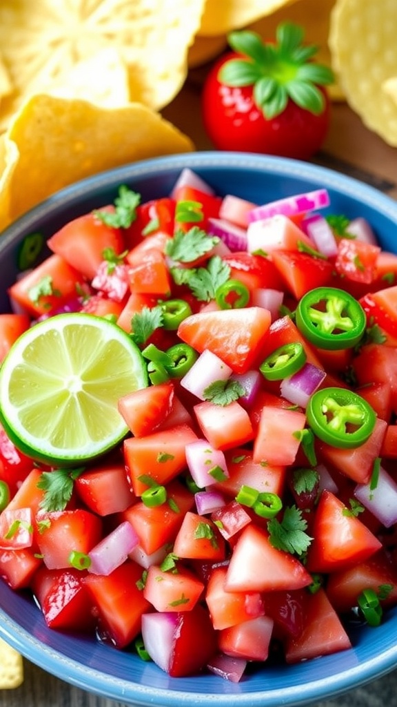 A bowl of strawberry jalapeño salsa with chips, featuring fresh strawberries, jalapeños, and lime.