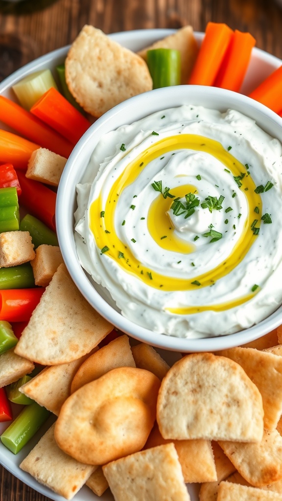 Creamy Whipped Feta Dip Recipe A creamy whipped feta dip in a bowl, garnished with herbs and olive oil, served with fresh veggies and pita chips.