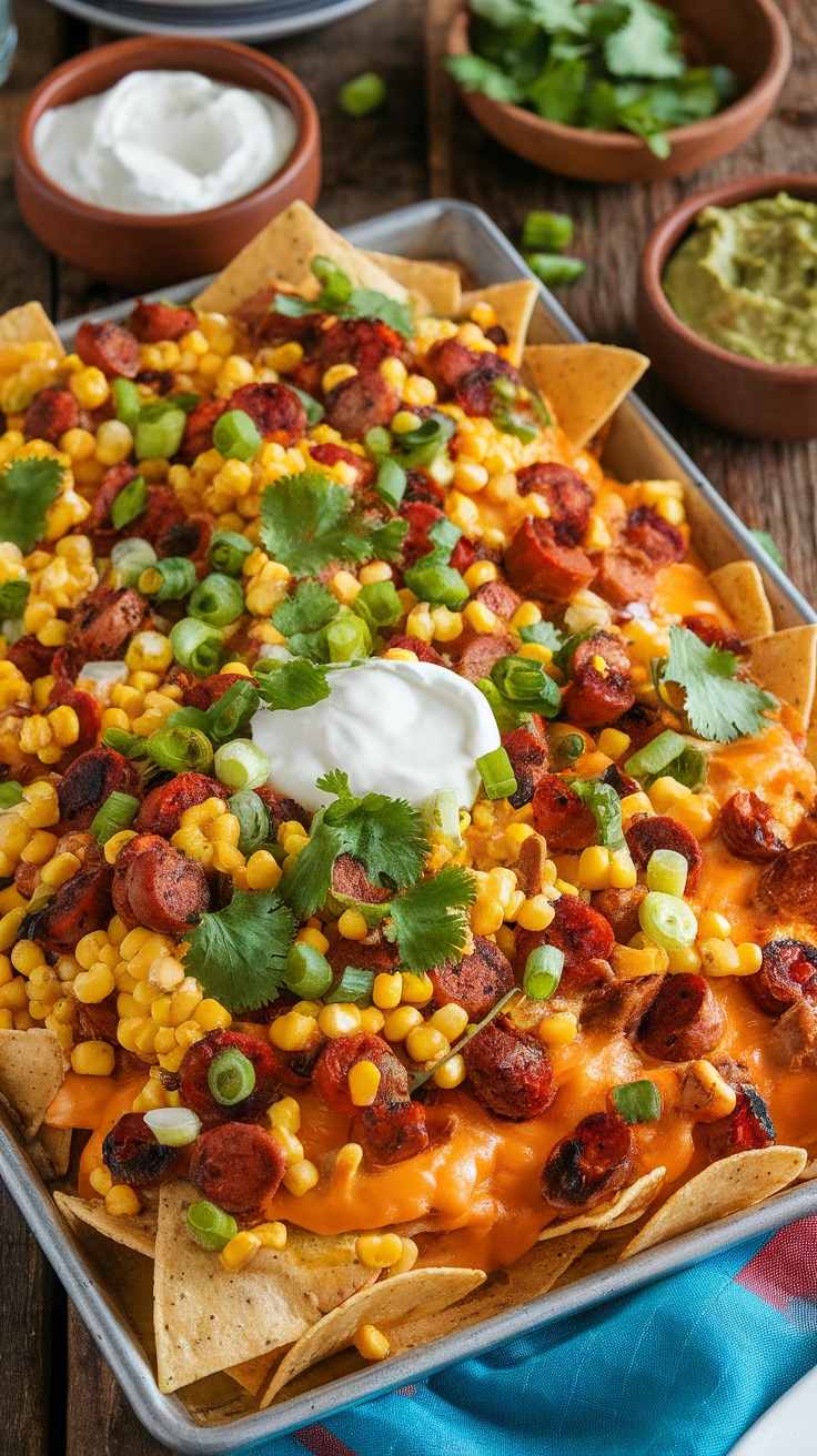 Loaded corn and smoked sausage nachos on a sheet pan, topped with cheese, corn, and garnished with green onions and cilantro.
