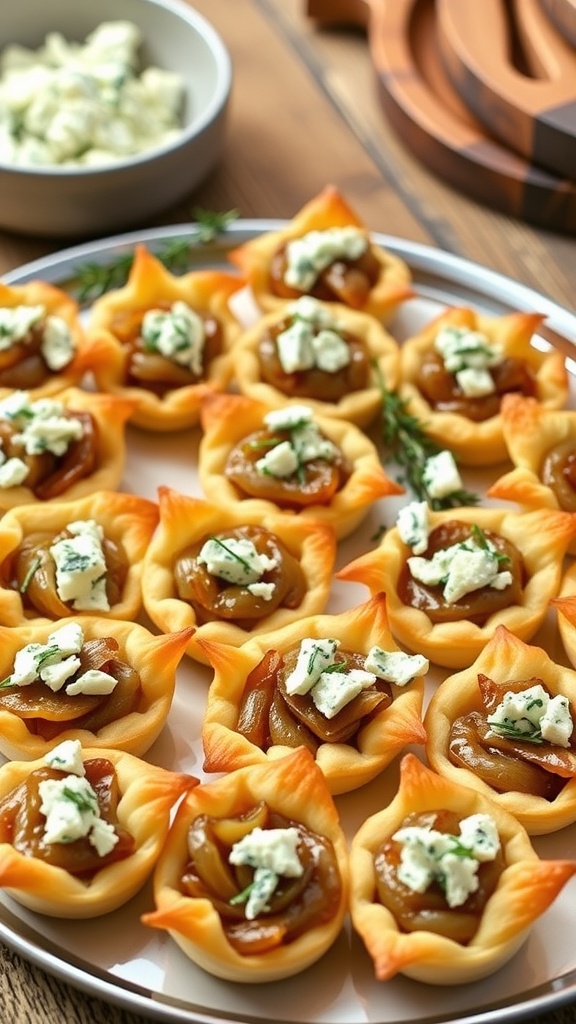 Caramelized Onion and Blue Cheese Puff Pastry Bites A close-up of puff pastry bites filled with caramelized onions and blue cheese, garnished with thyme on a rustic platter.