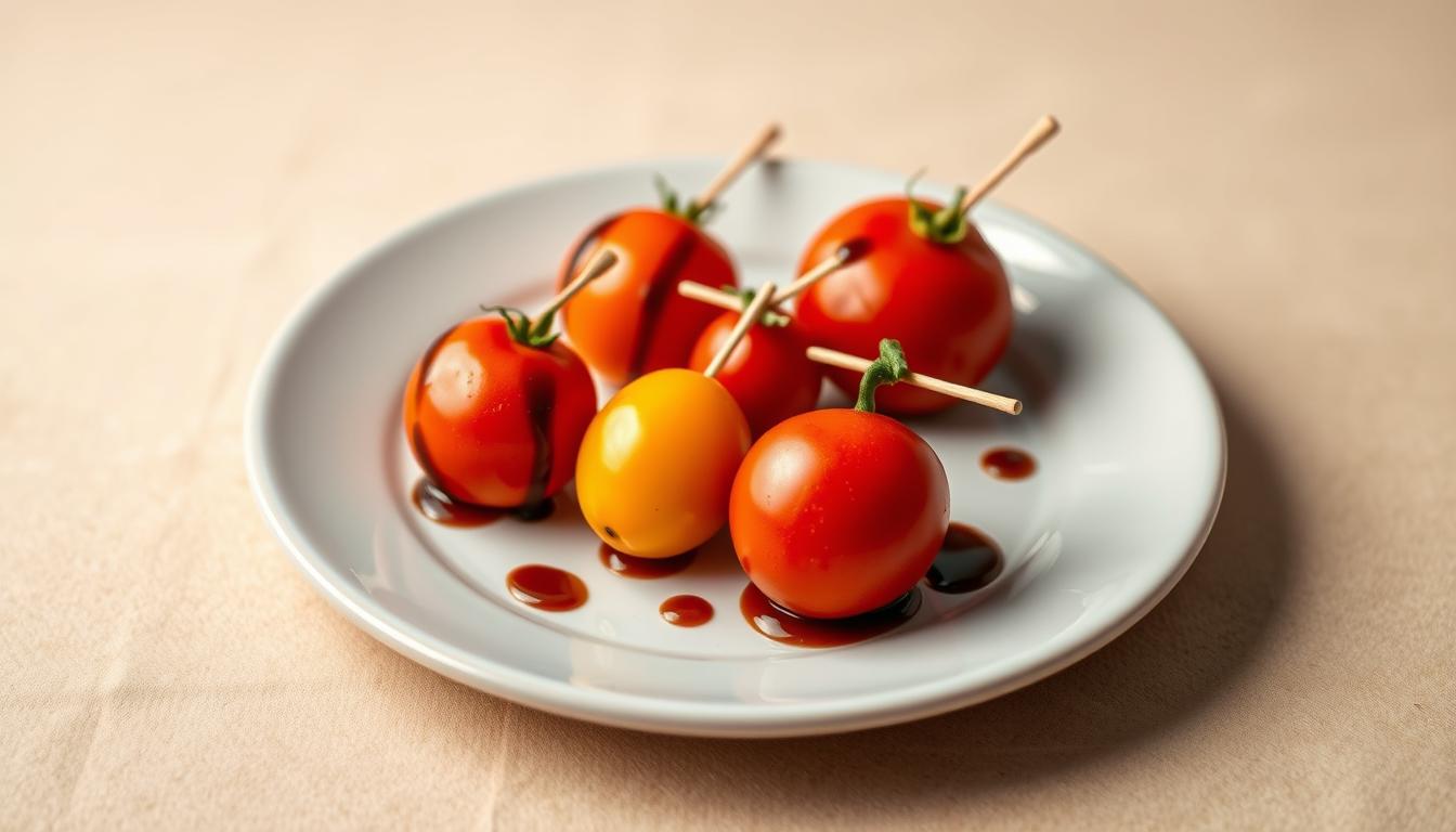 A close-up view of a plate showcasing a delightful "tomato flight" appetizer arrangement. The plate is set against a soft, neutral-toned background, creating a minimalist and elegant composition. On the plate, three perfectly ripe tomatoes of varying sizes and hues - ruby red, golden yellow, and deep orange - are artfully arranged, each skewered with a delicate wooden toothpick. The tomatoes are drizzled with a light balsamic glaze, adding a glistening sheen and a subtle tang. The lighting is soft and diffused, casting gentle shadows that accentuate the tomatoes' natural curves and vibrant colors. The overall mood is one of simplicity, freshness, and culinary sophistication, inviting the viewer to imagine the delightful flavors and textures of this visually appealing tomato flight appetizer.