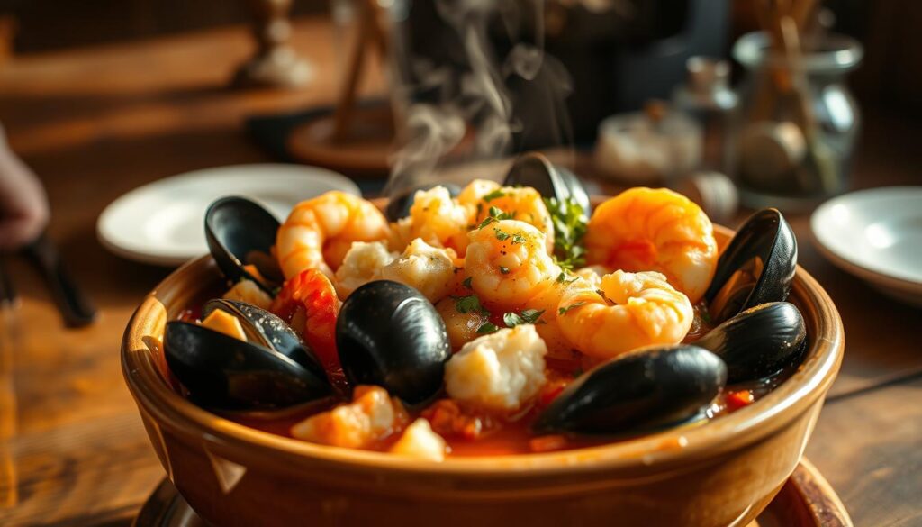 A close-up view of a steaming bowl of authentic Cioppino seafood stew, set against a rustic wooden table. The stew is brimming with a variety of fresh seafood, including succulent mussels, tender shrimp, flaky white fish, and sweet chunks of Dungeness crab. The broth is a rich, tomato-based broth, infused with garlic, herbs, and a hint of spice. Steam rises from the bowl, creating a cozy, inviting atmosphere. The lighting is warm and natural, casting a soft glow on the scene. The bowl is positioned in the foreground, with the wooden table and a simple place setting visible in the middle ground. The background is blurred, allowing the focus to remain on the sumptuous stew. A close-up view of a steaming bowl of authentic Cioppino seafood stew, set against a rustic wooden table. The stew is brimming with a variety of fresh seafood, including succulent mussels, tender shrimp, flaky white fish, and sweet chunks of Dungeness crab. The broth is a rich, tomato-based broth, infused with garlic, herbs, and a hint of spice. Steam rises from the bowl, creating a cozy, inviting atmosphere. The lighting is warm and natural, casting a soft glow on the scene. The bowl is positioned in the foreground, with the wooden table and a simple place setting visible in the middle ground. The background is blurred, allowing the focus to remain on the sumptuous stew.