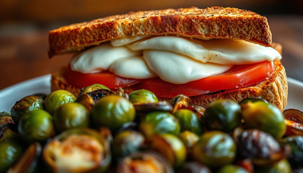 A delectable caprese melt, with slices of fresh mozzarella cheese and juicy tomatoes, nestled between crispy, golden-brown sourdough bread. In the foreground, a vibrant pile of roasted Brussels sprouts, their leaves crisped to perfection, create a colorful contrast. The entire scene is bathed in warm, natural lighting, casting a cozy, inviting glow. The camera captures the dish from a slightly elevated angle, showcasing the melty, gooey goodness of the caprese melt and the tender, caramelized Brussels sprouts. The overall mood is one of rustic, comforting indulgence, inviting the viewer to savor the flavors of this local favorite. A delectable caprese melt, with slices of fresh mozzarella cheese and juicy tomatoes, nestled between crispy, golden-brown sourdough bread. In the foreground, a vibrant pile of roasted Brussels sprouts, their leaves crisped to perfection, create a colorful contrast. The entire scene is bathed in warm, natural lighting, casting a cozy, inviting glow. The camera captures the dish from a slightly elevated angle, showcasing the melty, gooey goodness of the caprese melt and the tender, caramelized Brussels sprouts. The overall mood is one of rustic, comforting indulgence, inviting the viewer to savor the flavors of this local favorite.