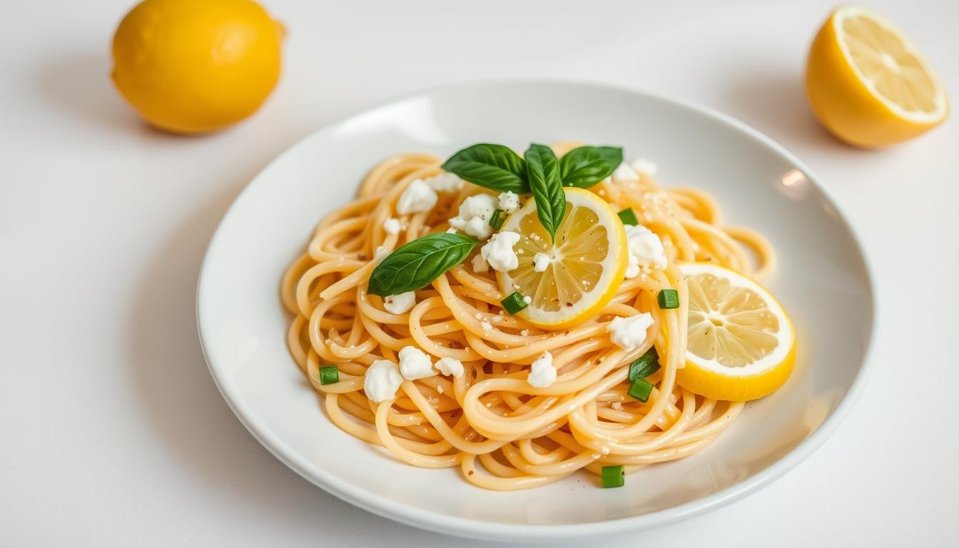 A delectable lemon ricotta pasta dish, nestled atop a white ceramic plate. Vibrant lemon slices and fresh basil leaves adorn the al dente pasta, complemented by the rich, creamy ricotta. Soft, diffused lighting illuminates the scene, casting a warm, inviting glow. The composition is balanced, with the pasta taking center stage, surrounded by a minimalist, clean background that allows the dish to shine. The overall mood is one of simple elegance and appetite-whetting allure, perfectly capturing the essence of "Lemon Ricotta Pasta: A Flavorful Fusion".