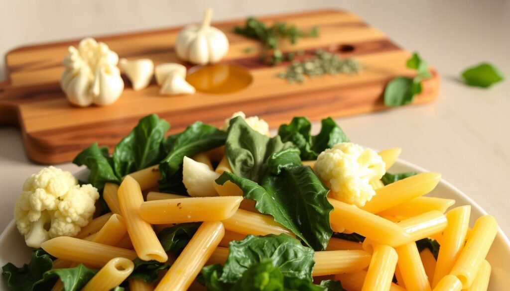 A delectable pasta dish showcasing the vibrant colors and textures of cauliflower and chard. In the foreground, freshly cooked penne pasta nestled among tender florets of cauliflower and lush, green chard leaves. The middle ground features a wooden cutting board with garlic, olive oil, and a sprinkling of herbs, casting warm, soft lighting across the scene. In the background, a neutral-toned kitchen counter provides a minimalist backdrop, allowing the vibrant, appetizing ingredients to take center stage. The overall composition evokes a sense of homemade, wholesome nourishment, perfectly suited for the "Step-by-Step Preparation Guide" section of the article. A delectable pasta dish showcasing the vibrant colors and textures of cauliflower and chard. In the foreground, freshly cooked penne pasta nestled among tender florets of cauliflower and lush, green chard leaves. The middle ground features a wooden cutting board with garlic, olive oil, and a sprinkling of herbs, casting warm, soft lighting across the scene. In the background, a neutral-toned kitchen counter provides a minimalist backdrop, allowing the vibrant, appetizing ingredients to take center stage. The overall composition evokes a sense of homemade, wholesome nourishment, perfectly suited for the "Step-by-Step Preparation Guide" section of the article.
