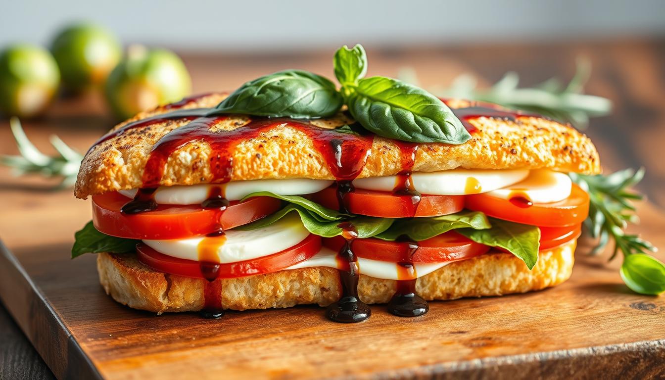 A gourmet Caprese sandwich sits on a wooden surface, its layers of fresh mozzarella, juicy tomatoes, and fragrant basil leaves drizzled with a balsamic reduction. The lighting is soft and natural, casting a warm glow on the sandwich. In the background, a few crisp Brussels sprouts and a sprig of rosemary add a delightful touch of complementary color and texture. The overall composition is visually appealing, perfectly capturing the essence of a delicious Caprese melt with Brussels sprouts in SLO.