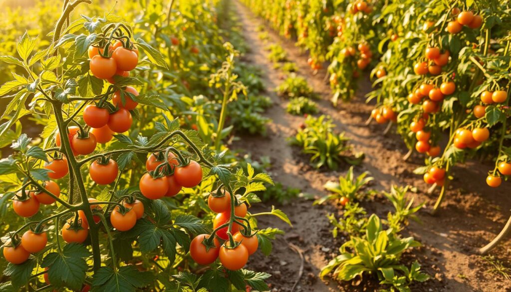 A lush, verdant garden bathed in golden afternoon light. In the foreground, vibrant tomato plants in various stages of growth, their leaves and vines gently swaying. Clusters of ripe, juicy tomatoes in shades of red, orange, and yellow dot the plants, their skins glistening. In the middle ground, a variety of tomato cultivars stand tall, their unique shapes and sizes showcasing the natural adaptations to different seasons. Trailing off into the background, a bountiful tomato patch stretches out, the plants casting long shadows across the rich soil. The scene evokes a sense of abundance and the cyclical nature of the tomato's journey through the changing seasons. A lush, verdant garden bathed in golden afternoon light. In the foreground, vibrant tomato plants in various stages of growth, their leaves and vines gently swaying. Clusters of ripe, juicy tomatoes in shades of red, orange, and yellow dot the plants, their skins glistening. In the middle ground, a variety of tomato cultivars stand tall, their unique shapes and sizes showcasing the natural adaptations to different seasons. Trailing off into the background, a bountiful tomato patch stretches out, the plants casting long shadows across the rich soil. The scene evokes a sense of abundance and the cyclical nature of the tomato's journey through the changing seasons.