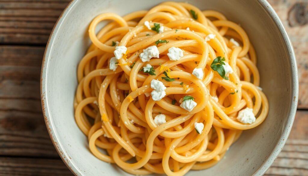 A mouth-watering dish of freshly cooked lemon ricotta pasta, nestled on a rustic wooden table. The pasta twirls elegantly, with vibrant ribbons of lemon zest and flecks of fragrant herbs scattered throughout. Creamy ricotta cheese gently coats each strand, creating a delightful balance of tangy and rich flavors. Soft lighting from above casts a warm, inviting glow, highlighting the dish's vibrant colors and textures. The scene evokes the comforting essence of traditional Italian cuisine, ready to be savored and shared. A mouth-watering dish of freshly cooked lemon ricotta pasta, nestled on a rustic wooden table. The pasta twirls elegantly, with vibrant ribbons of lemon zest and flecks of fragrant herbs scattered throughout. Creamy ricotta cheese gently coats each strand, creating a delightful balance of tangy and rich flavors. Soft lighting from above casts a warm, inviting glow, highlighting the dish's vibrant colors and textures. The scene evokes the comforting essence of traditional Italian cuisine, ready to be savored and shared.