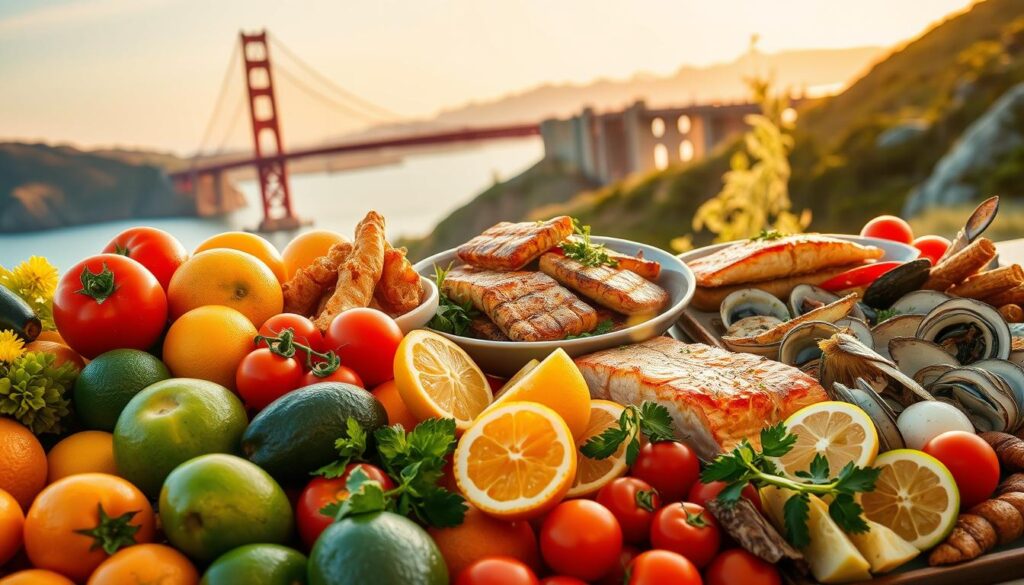 A mouth-watering display of California's diverse culinary delights. In the foreground, a vibrant arrangement of fresh produce - juicy citrus fruits, ripe avocados, and sun-kissed tomatoes. In the middle ground, sizzling seafood dishes, from grilled salmon to succulent abalone, accompanied by fragrant herbs and spices. The background showcases the iconic Golden Gate Bridge, casting a warm, golden glow over the scene, evoking the spirit of the Golden State. The lighting is soft and natural, capturing the essence of California's sun-drenched landscapes. The overall composition exudes a sense of California's laid-back yet sophisticated food culture, inviting the viewer to explore and savor the region's finest culinary offerings. A mouth-watering display of California's diverse culinary delights. In the foreground, a vibrant arrangement of fresh produce - juicy citrus fruits, ripe avocados, and sun-kissed tomatoes. In the middle ground, sizzling seafood dishes, from grilled salmon to succulent abalone, accompanied by fragrant herbs and spices. The background showcases the iconic Golden Gate Bridge, casting a warm, golden glow over the scene, evoking the spirit of the Golden State. The lighting is soft and natural, capturing the essence of California's sun-drenched landscapes. The overall composition exudes a sense of California's laid-back yet sophisticated food culture, inviting the viewer to explore and savor the region's finest culinary offerings.