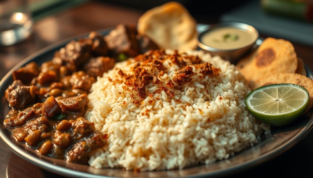 A mouth-watering platter of authentic Northridge Sri Lankan Lamprais takes center stage. The fragrant rice, simmered with spices, is flanked by an array of flavorful accompaniments - tender beef curry, lush lentil dhal, crisp fried papadum, and a vibrant lime chutney. The soft, pillowy texture of the lamprais is accentuated by the warm, mellow lighting, casting a golden glow over the scene. The camera captures the dish from a slightly elevated angle, showcasing its intricate layers and inviting the viewer to savor the authentic taste of Sri Lankan cuisine brought to the heart of Northridge.
