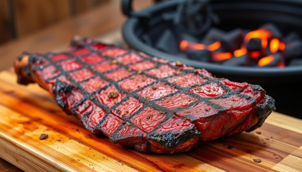 A mouthwatering Santa Maria grilled tri-tip beef, seared to perfection with a crisp, caramelized exterior and a juicy, tender interior. The succulent beef rests on a wooden cutting board, dressed in a robust rub of garlic, oregano, and smoky paprika. Char-grilled edges lend a rustic, charred appearance, while the deep red hue of the meat glistens under the warm, natural lighting. In the background, a charcoal grill smokes gently, its embers glowing, evoking the authentic Santa Maria BBQ experience. The overall scene exudes an inviting, rustic atmosphere, perfectly capturing the essence of the "Authentic Santa Maria Grilled Tri-Tip Beef Recipe". A mouthwatering Santa Maria grilled tri-tip beef, seared to perfection with a crisp, caramelized exterior and a juicy, tender interior. The succulent beef rests on a wooden cutting board, dressed in a robust rub of garlic, oregano, and smoky paprika. Char-grilled edges lend a rustic, charred appearance, while the deep red hue of the meat glistens under the warm, natural lighting. In the background, a charcoal grill smokes gently, its embers glowing, evoking the authentic Santa Maria BBQ experience. The overall scene exudes an inviting, rustic atmosphere, perfectly capturing the essence of the "Authentic Santa Maria Grilled Tri-Tip Beef Recipe".