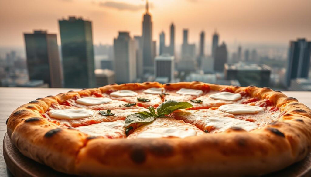 A mouthwatering display of a classic Neapolitan-style pizza, fresh from the oven, situated on a table overlooking the iconic skyline of Los Angeles. The crust is golden-brown and crispy, with a charred leopard-spotted pattern. Bubbling mozzarella cheese cascades over the edge, revealing a vibrant tomato sauce and a sprinkling of fresh basil leaves. In the background, the skyscrapers of downtown LA glisten in the warm, golden afternoon light, casting a serene, urban ambiance. The scene is captured through a wide-angle lens, providing a sense of depth and immersion, inviting the viewer to step into this delicious, quintessential LA pizza experience. A mouthwatering display of a classic Neapolitan-style pizza, fresh from the oven, situated on a table overlooking the iconic skyline of Los Angeles. The crust is golden-brown and crispy, with a charred leopard-spotted pattern. Bubbling mozzarella cheese cascades over the edge, revealing a vibrant tomato sauce and a sprinkling of fresh basil leaves. In the background, the skyscrapers of downtown LA glisten in the warm, golden afternoon light, casting a serene, urban ambiance. The scene is captured through a wide-angle lens, providing a sense of depth and immersion, inviting the viewer to step into this delicious, quintessential LA pizza experience.