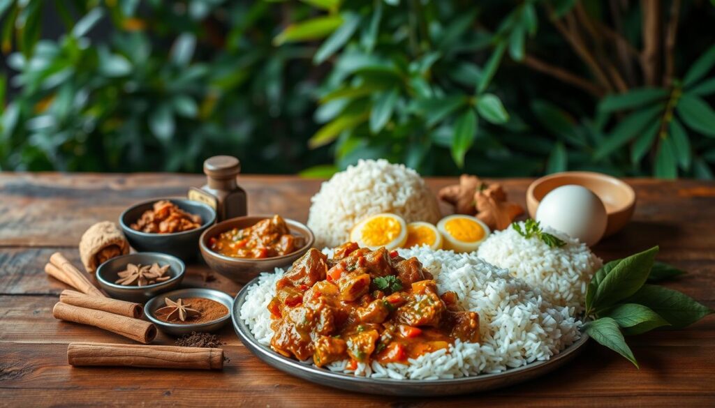 A neatly arranged still life showcasing the ingredients for an authentic Sri Lankan lamprais dish. In the foreground, fragrant basmati rice, slow-cooked meat curry, and a medley of traditional accompaniments like seeni sambol, lunu miris, and egg blitz rest on a rustic wooden table. The middle ground features aromatic spices like cinnamon, cardamom, and curry leaves, while the background depicts a lush, tropical setting with verdant foliage hinting at the dish's origins. Soft, warm lighting casts a gentle glow, capturing the comforting essence of this time-honored culinary tradition.