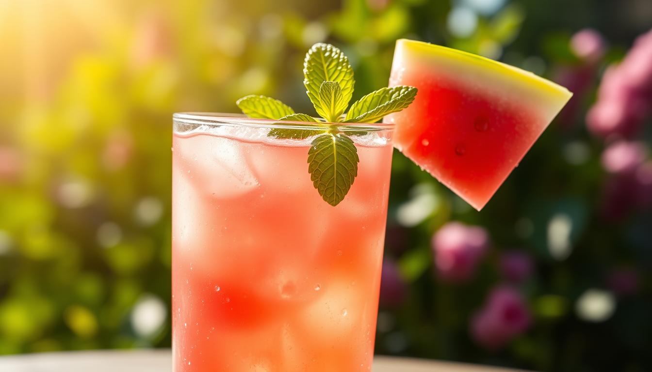 A refreshing watermelemonade in a tall glass, condensation glistening on the sides, garnished with a slice of fresh watermelon and a sprig of mint. The drink is set against a bright, sun-dappled background, with a hint of a lush, verdant garden visible in the distance. The lighting is soft and warm, creating a summery, inviting atmosphere. The camera angle is slightly elevated, highlighting the vibrant colors and textures of the drink and its surroundings.