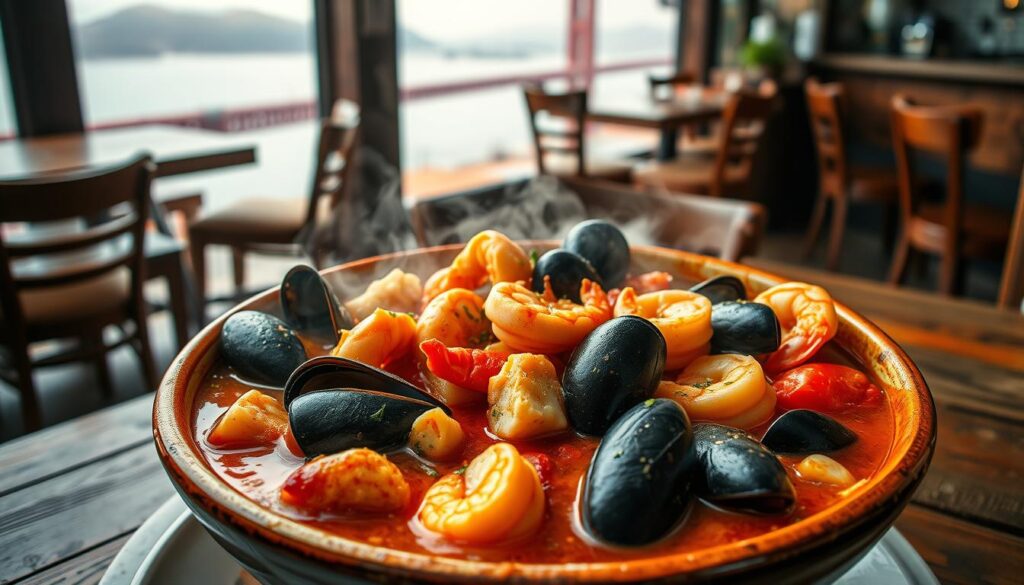 A steaming bowl of San Francisco's iconic Cioppino seafood stew, brimming with a medley of fresh-caught mussels, clams, shrimp, and white fish, nestled in a rich, tomato-based broth infused with garlic, herbs, and a hint of white wine. The stew is illuminated by soft, natural lighting, casting a warm, inviting glow across the scene. The bowl is set against a backdrop of a cozy, seaside bistro, with weathered wooden tables and chairs, and a view of the iconic Golden Gate Bridge in the distance, hazy under the city's signature fog. The overall atmosphere evokes the comforting, convivial spirit of San Francisco's vibrant seafood culture.