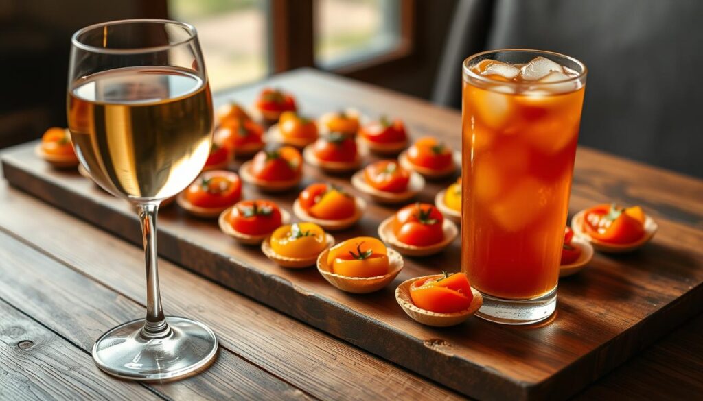 A sumptuous array of tomato-based appetizers delicately arranged on a rustic wooden table, alongside a selection of complementary beverages. The tomatoes, in varying hues of red and yellow, are expertly prepared and presented as a "flight" - bite-sized servings showcasing their diverse flavors. In the foreground, a glass of crisp white wine and a tall, refreshing iced tea provide the perfect accompaniment, their colors and textures echoing the vibrant tomato dishes. Soft, natural lighting casts a warm glow, creating an inviting and elegant atmosphere. The overall composition evokes a sense of effortless sophistication, perfectly capturing the essence of pairing tomato flight appetizers with thoughtfully selected beverages. A sumptuous array of tomato-based appetizers delicately arranged on a rustic wooden table, alongside a selection of complementary beverages. The tomatoes, in varying hues of red and yellow, are expertly prepared and presented as a "flight" - bite-sized servings showcasing their diverse flavors. In the foreground, a glass of crisp white wine and a tall, refreshing iced tea provide the perfect accompaniment, their colors and textures echoing the vibrant tomato dishes. Soft, natural lighting casts a warm glow, creating an inviting and elegant atmosphere. The overall composition evokes a sense of effortless sophistication, perfectly capturing the essence of pairing tomato flight appetizers with thoughtfully selected beverages.