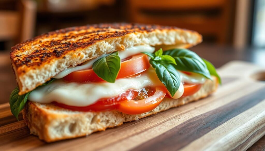 A tantalizing close-up of a San Luis Obispo Caprese melt, nestled on a wooden board. The thick-cut sourdough bread is perfectly toasted, its golden-brown crust contrasting with the gooey, melted mozzarella cheese that cascades over juicy, ripe tomato slices. Fresh basil leaves are artfully arranged, their vibrant green hues providing a lively accent. The dish is bathed in soft, natural lighting, showcasing the mouthwatering details. A subtle background blur hints at the cozy, charming ambiance of a local San Luis Obispo cafe or bistro. The overall composition evokes a sense of rustic elegance and the delightful flavors of this quintessential Central Coast dish. A tantalizing close-up of a San Luis Obispo Caprese melt, nestled on a wooden board. The thick-cut sourdough bread is perfectly toasted, its golden-brown crust contrasting with the gooey, melted mozzarella cheese that cascades over juicy, ripe tomato slices. Fresh basil leaves are artfully arranged, their vibrant green hues providing a lively accent. The dish is bathed in soft, natural lighting, showcasing the mouthwatering details. A subtle background blur hints at the cozy, charming ambiance of a local San Luis Obispo cafe or bistro. The overall composition evokes a sense of rustic elegance and the delightful flavors of this quintessential Central Coast dish.