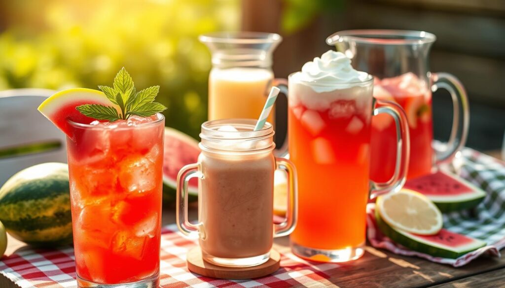 A vibrant arrangement of refreshing watermelon lemonade variations, captured in an inviting, sun-drenched setting. In the foreground, a tall glass filled with a swirling blend of ruby-red watermelon and tart lemon, garnished with a slice of watermelon and a sprig of mint. Alongside, a mason jar brimming with a creamy, pastel-hued watermelon lemonade smoothie, topped with a dollop of whipped cream. In the middle ground, a pitcher of classic watermelon lemonade, its translucent amber liquid accented by floating watermelon cubes and lemon slices. In the background, a rustic wooden table, adorned with a checkered picnic cloth, showcases a selection of watermelon-themed accoutrements, such as watermelon-shaped coasters and a watermelon-printed tea towel. The scene is bathed in warm, golden sunlight, creating a sense of summertime bliss and inviting the viewer to indulge in these refreshing watermelon lemonade creations. A vibrant arrangement of refreshing watermelon lemonade variations, captured in an inviting, sun-drenched setting. In the foreground, a tall glass filled with a swirling blend of ruby-red watermelon and tart lemon, garnished with a slice of watermelon and a sprig of mint. Alongside, a mason jar brimming with a creamy, pastel-hued watermelon lemonade smoothie, topped with a dollop of whipped cream. In the middle ground, a pitcher of classic watermelon lemonade, its translucent amber liquid accented by floating watermelon cubes and lemon slices. In the background, a rustic wooden table, adorned with a checkered picnic cloth, showcases a selection of watermelon-themed accoutrements, such as watermelon-shaped coasters and a watermelon-printed tea towel. The scene is bathed in warm, golden sunlight, creating a sense of summertime bliss and inviting the viewer to indulge in these refreshing watermelon lemonade creations.