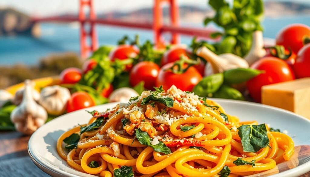 A vibrant collage of San Francisco-inspired pasta variations, captured in a crisp, high-resolution image. In the foreground, a plate showcases a hearty dish of cauliflower and chard-infused pasta, garnished with fresh herbs and a sprinkle of Parmesan. In the middle ground, an array of colorful ingredients - from vibrant tomatoes to aromatic garlic and fragrant basil - are artfully arranged, hinting at the creative possibilities. The background features a glimpse of the iconic Golden Gate Bridge, its rusty-orange hue adding a touch of San Francisco charm. The lighting is soft and natural, casting a warm, inviting glow over the scene. Captured at a slightly elevated angle, the image conveys a sense of culinary exploration and the city's vibrant culinary spirit. A vibrant collage of San Francisco-inspired pasta variations, captured in a crisp, high-resolution image. In the foreground, a plate showcases a hearty dish of cauliflower and chard-infused pasta, garnished with fresh herbs and a sprinkle of Parmesan. In the middle ground, an array of colorful ingredients - from vibrant tomatoes to aromatic garlic and fragrant basil - are artfully arranged, hinting at the creative possibilities. The background features a glimpse of the iconic Golden Gate Bridge, its rusty-orange hue adding a touch of San Francisco charm. The lighting is soft and natural, casting a warm, inviting glow over the scene. Captured at a slightly elevated angle, the image conveys a sense of culinary exploration and the city's vibrant culinary spirit.