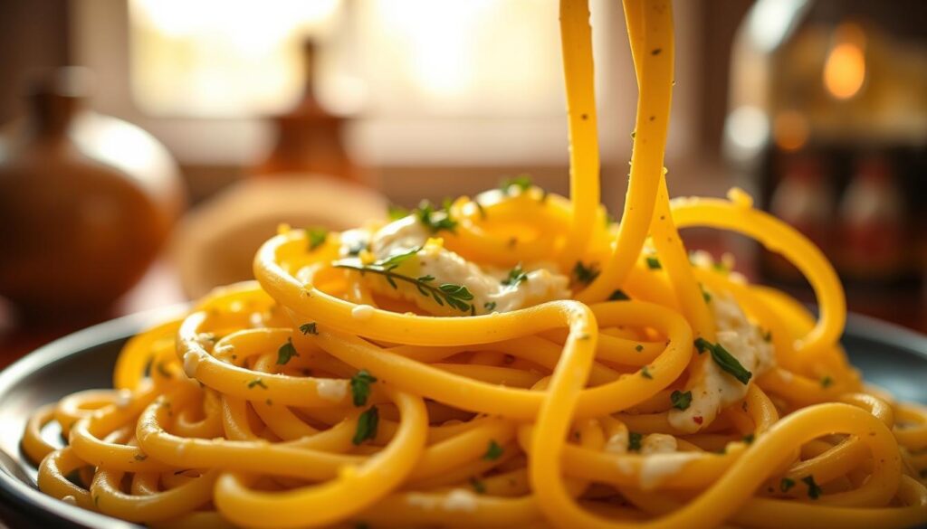 A visually appetizing vegetarian pasta dish, featuring vibrant lemon ricotta sauce delicately draped over twisting strands of fresh linguine. The foreground showcases the creamy, zesty sauce accented with fragrant herbs and a garnish of lemon zest. In the middle ground, the pasta twirls elegantly, capturing the fusion of textures. The background is softly blurred, evoking a cozy, intimate atmosphere, lit by warm, natural lighting that casts a gentle glow. The overall composition and styling exude a sense of culinary sophistication, perfectly complementing the "Delicious Variations of Lemon Ricotta Pasta" section. A visually appetizing vegetarian pasta dish, featuring vibrant lemon ricotta sauce delicately draped over twisting strands of fresh linguine. The foreground showcases the creamy, zesty sauce accented with fragrant herbs and a garnish of lemon zest. In the middle ground, the pasta twirls elegantly, capturing the fusion of textures. The background is softly blurred, evoking a cozy, intimate atmosphere, lit by warm, natural lighting that casts a gentle glow. The overall composition and styling exude a sense of culinary sophistication, perfectly complementing the "Delicious Variations of Lemon Ricotta Pasta" section.