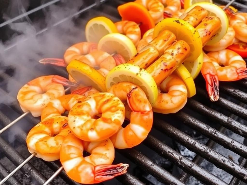 Citrus marinated shrimp skewers on a grill with lemon wedges
