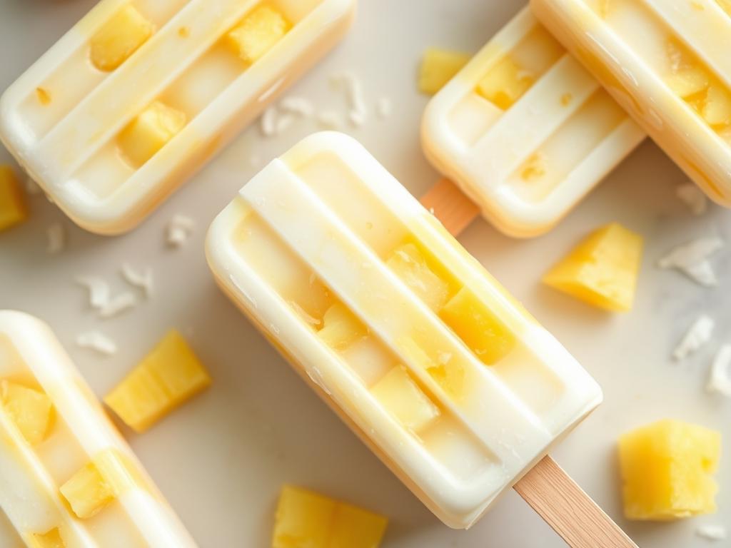 Coconut pineapple popsicles with tropical fruit pieces