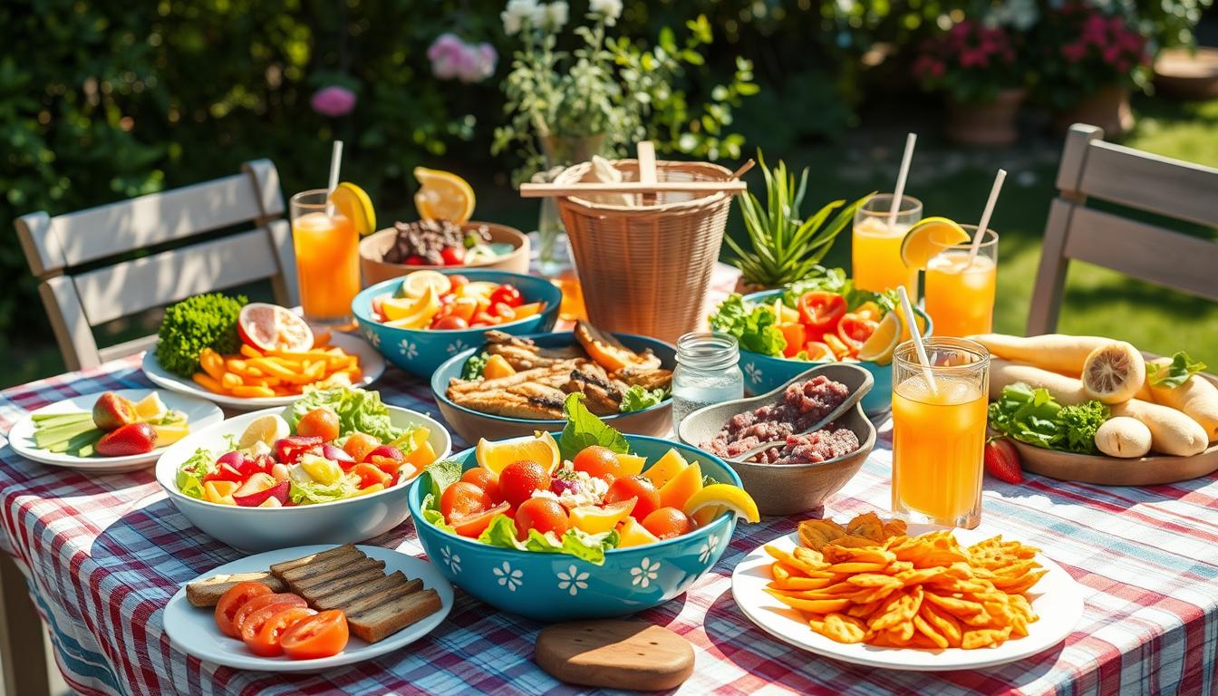 Colorful summer food spread with fresh fruits, salads, and grilled items