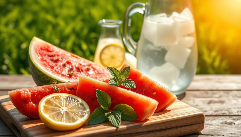 Crisp, sun-drenched scene showcasing the essential ingredients for refreshing watermelemonade. In the foreground, a wooden cutting board displays sliced watermelon, juicy lemon wedges, and a sprig of mint. Behind, a large glass pitcher filled with ice and freshly squeezed lemon juice, casting a soft, ambient glow. In the background, a vibrant, verdant field of lush greenery, hinting at the natural, summery setting. Soft, diffused lighting illuminates the scene, creating a warm, inviting atmosphere. A high-resolution, close-up composition that captures the colors, textures, and tactile qualities of these refreshing watermelemonade components. Crisp, sun-drenched scene showcasing the essential ingredients for refreshing watermelemonade. In the foreground, a wooden cutting board displays sliced watermelon, juicy lemon wedges, and a sprig of mint. Behind, a large glass pitcher filled with ice and freshly squeezed lemon juice, casting a soft, ambient glow. In the background, a vibrant, verdant field of lush greenery, hinting at the natural, summery setting. Soft, diffused lighting illuminates the scene, creating a warm, inviting atmosphere. A high-resolution, close-up composition that captures the colors, textures, and tactile qualities of these refreshing watermelemonade components.