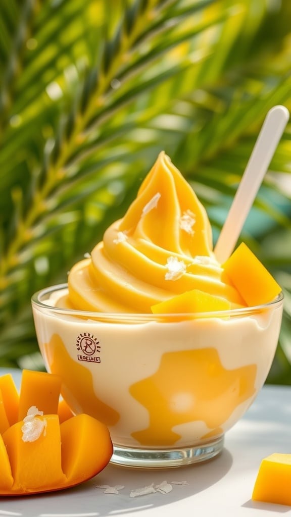 A bowl of mango coconut frozen yogurt garnished with mango slices and shredded coconut, surrounded by tropical decor.