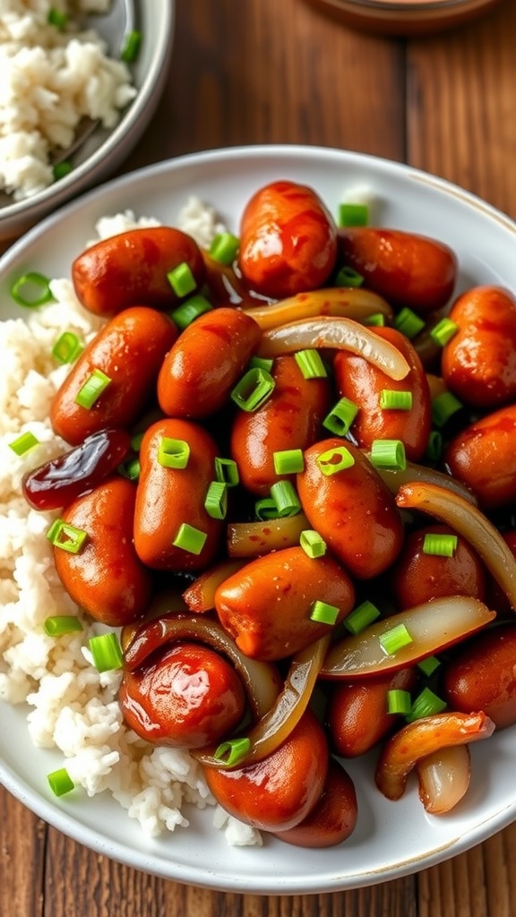 Stir-fried wieners with onions in soy sauce served on a plate with rice, garnished with green onions.