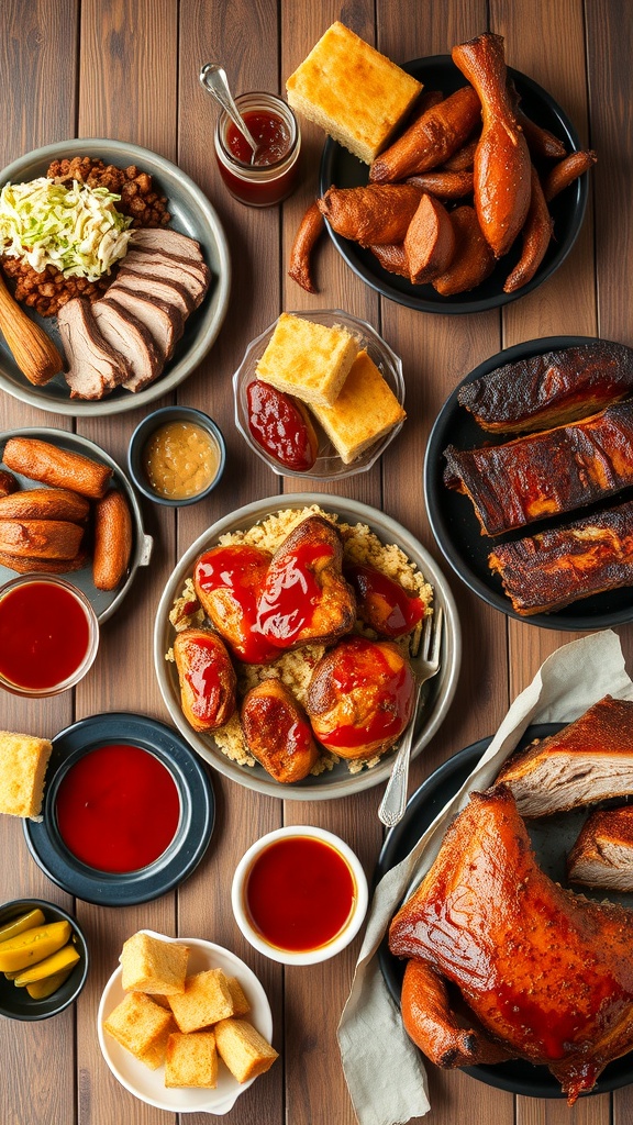 A colorful display of American barbecue dishes including brisket, pulled pork, ribs, and sides.