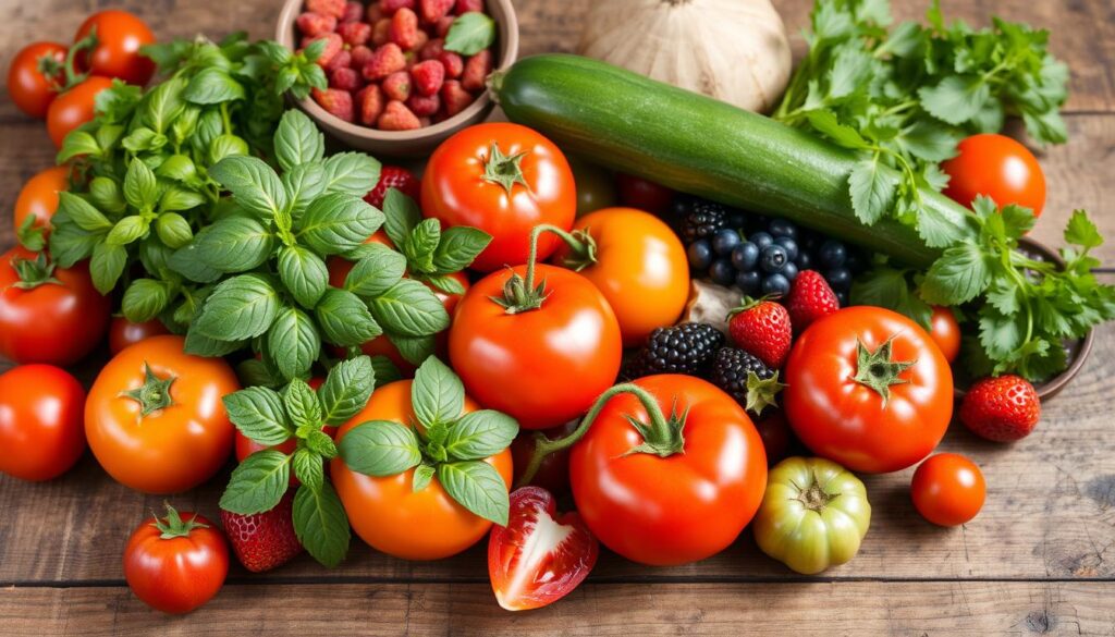 Fresh summer produce including tomatoes, berries, zucchini and herbs