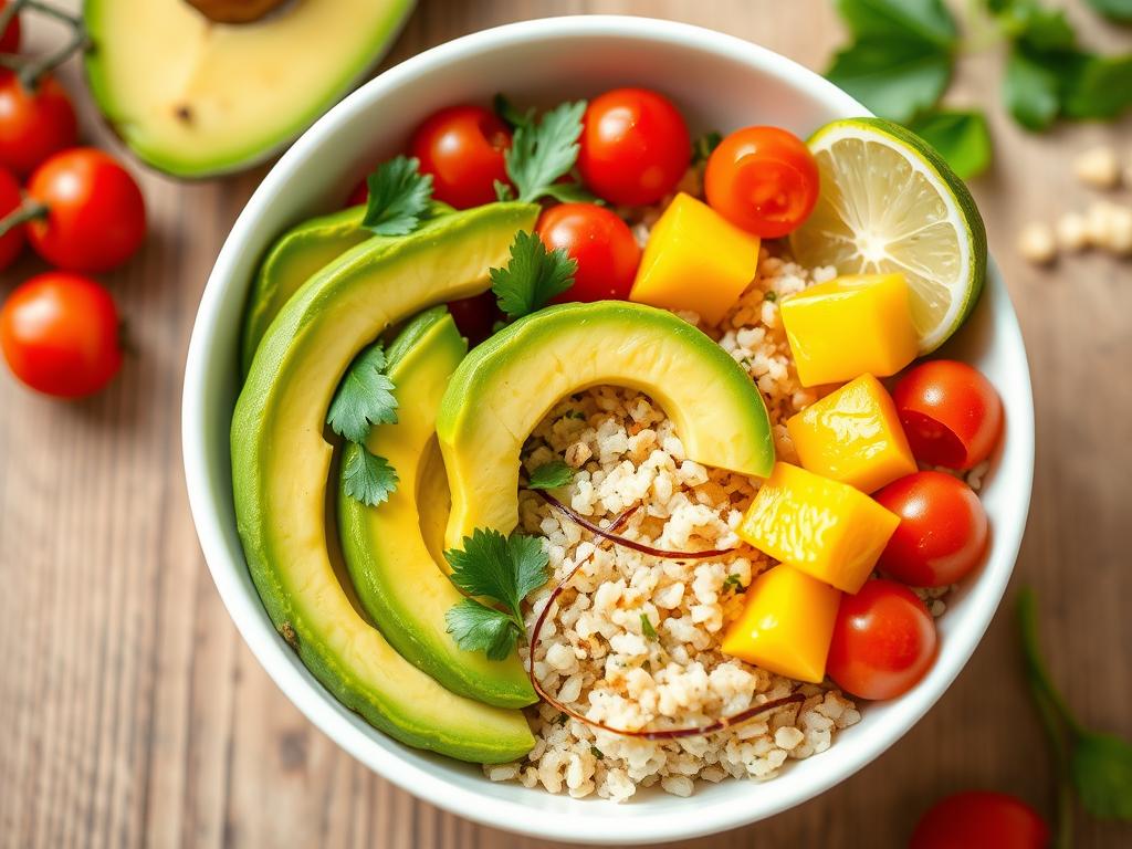 Mango avocado quinoa bowl with fresh herbs