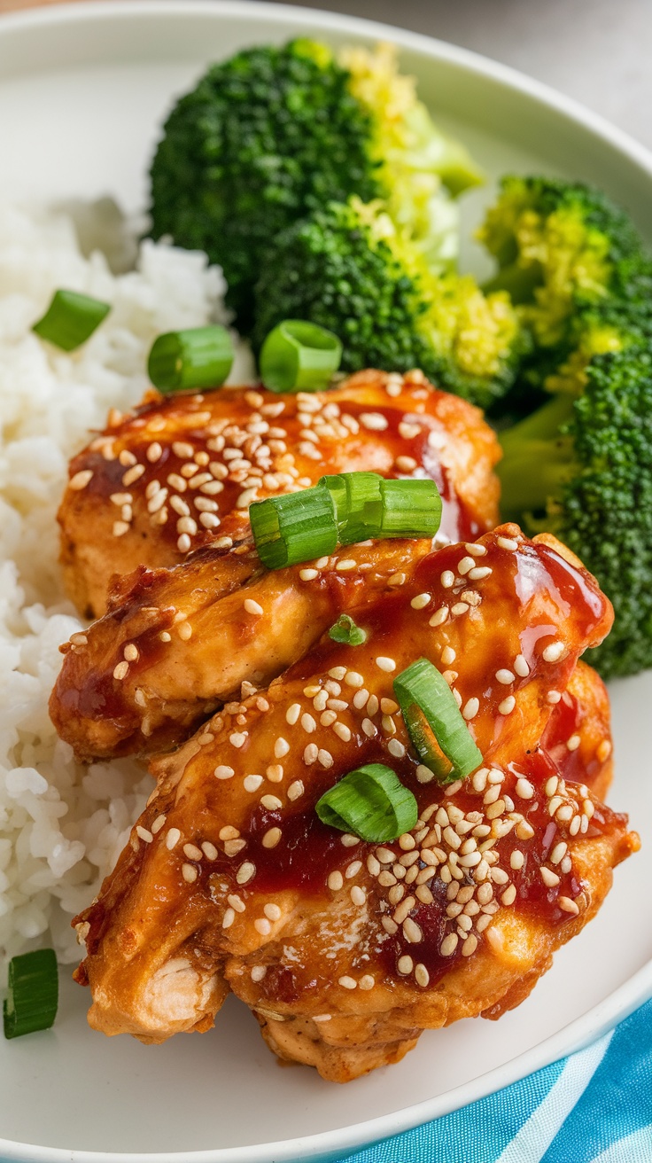 Crispy Air Fryer Teriyaki Chicken Recipe Crispy air fryer teriyaki chicken with green onions and sesame seeds on a plate with rice and broccoli.
