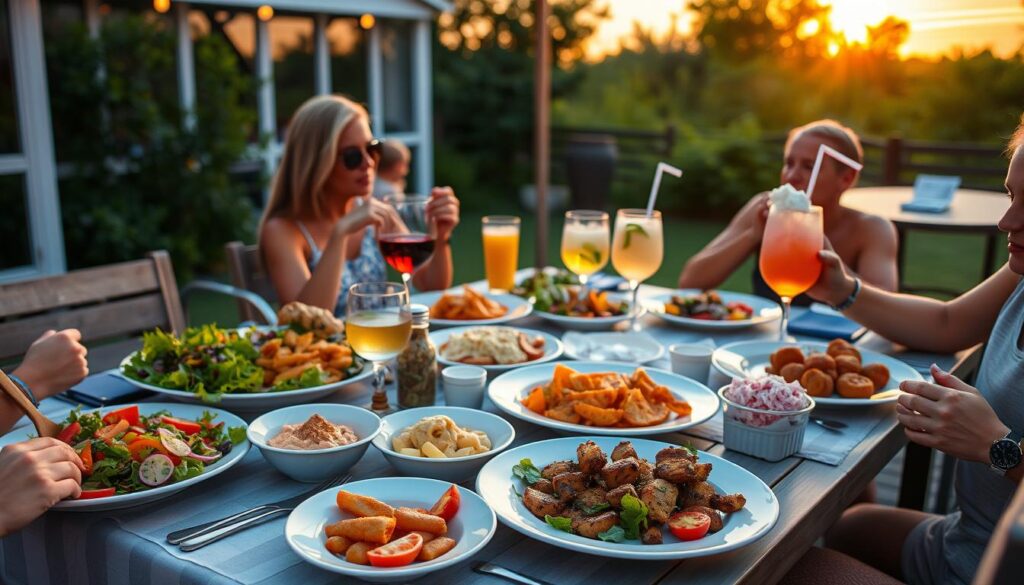 Summer outdoor dining scene with fresh seasonal food
