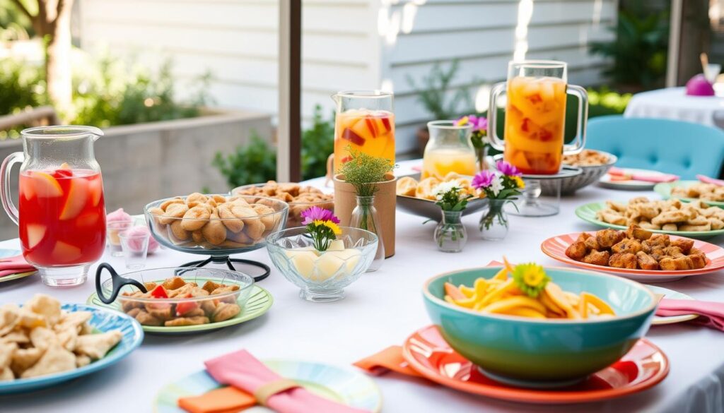 Summer party table setup with prepared foods and drinks