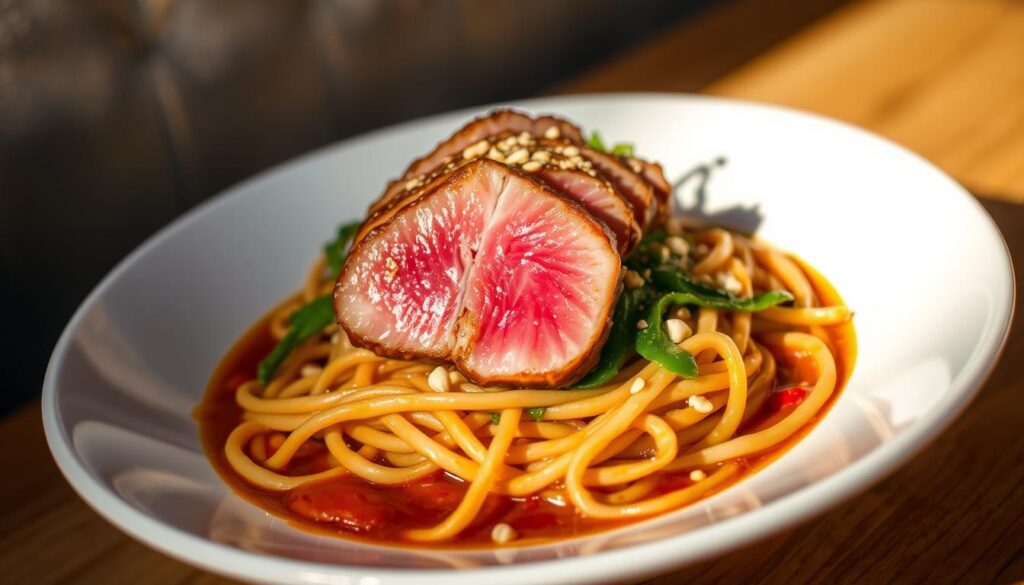 Tuna Dan Dan Noodles, a vibrant dish featuring fresh tuna seared to perfection, nestled atop a bed of hand-pulled noodles in a rich, umami-packed sauce. The tuna, its edges crisp and caramelized, glistens under the warm, diffused lighting, inviting the viewer to savor its succulent texture. The noodles, intertwined with sautéed vegetables and a sprinkle of crushed peanuts, create a visually striking composition, hinting at the symphony of flavors to come. In the background, a minimalist, earthy-toned setting evokes the casual, yet refined atmosphere of a San Diego eatery, setting the stage for this culinary masterpiece.