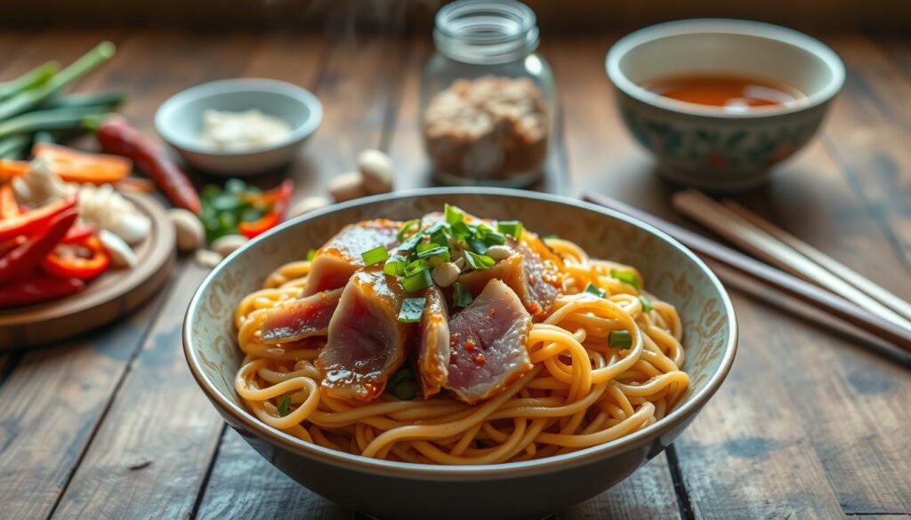 Tuna Dan Dan Noodles, a vibrant dish showcasing fresh tuna, silky noodles, and a savory Sichuan-inspired sauce. In the foreground, a steaming bowl of noodles twirls with thin slices of seared tuna, garnished with chopped scallions, crushed peanuts, and a drizzle of chili oil. The middle ground features a collection of ingredients - sliced chilies, minced garlic, grated ginger, and a jar of fermented bean paste - hinting at the complex flavors. In the background, a rustic wooden table is set with chopsticks and a delicate ceramic bowl, creating a scene of homemade, comforting cuisine. Soft, warm lighting casts a cozy glow, inviting the viewer to savor the aromatic and flavorful Tuna Dan Dan Noodles.