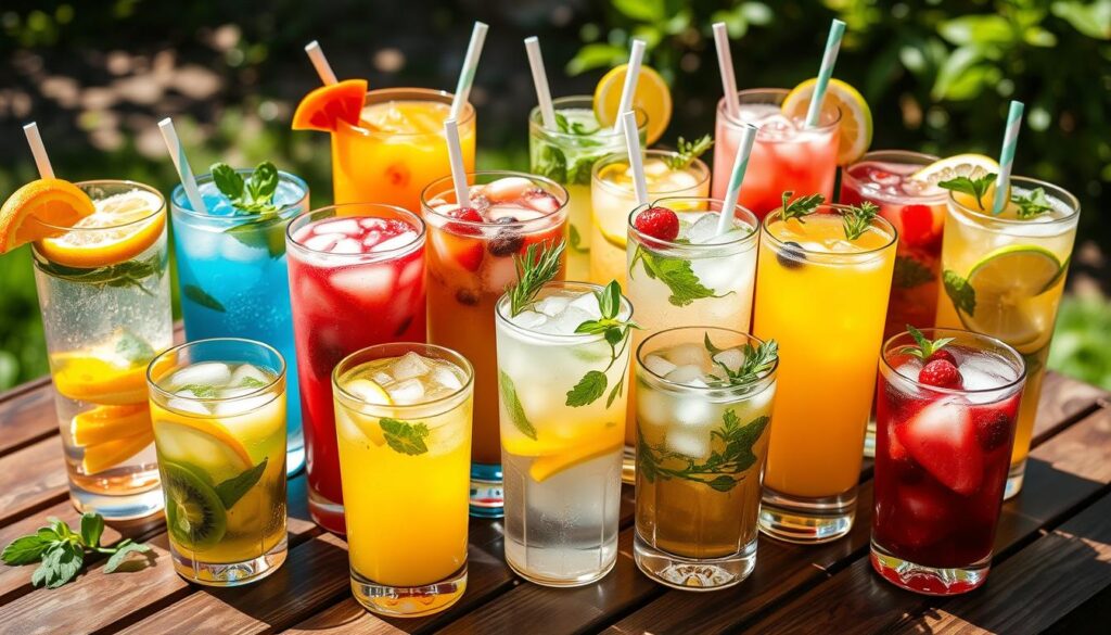 Variety of colorful summer drinks in glasses with fruit garnishes