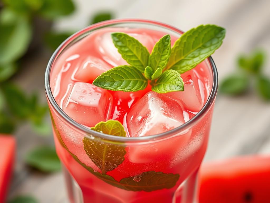Watermelon mint cooler in a glass with ice and mint garnish