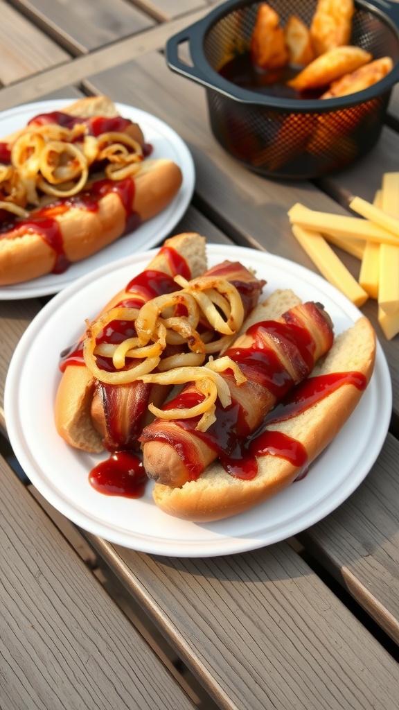Bacon-wrapped BBQ hot dogs with grilled onions and ketchup on a plate.