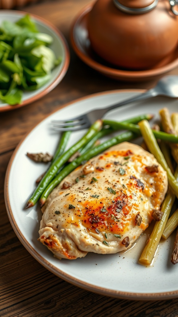 A plate of baked chicken breast with herbs, served with green beans and a side salad.