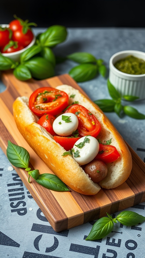 A Caprese hot dog topped with tomatoes, mozzarella, and basil pesto on a wooden board.