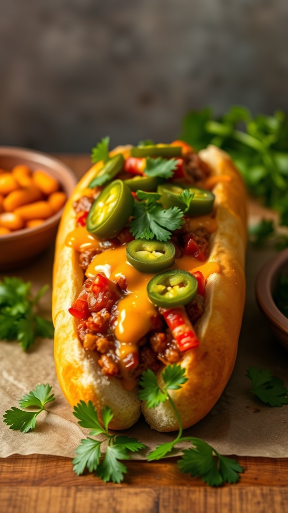 Chili cheese dog topped with jalapeños, served with fresh herbs and sides.