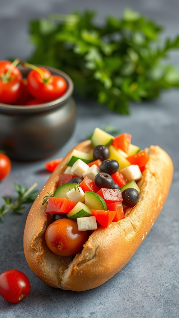 A hot dog topped with fresh vegetables and feta cheese, surrounded by cherry tomatoes and parsley.