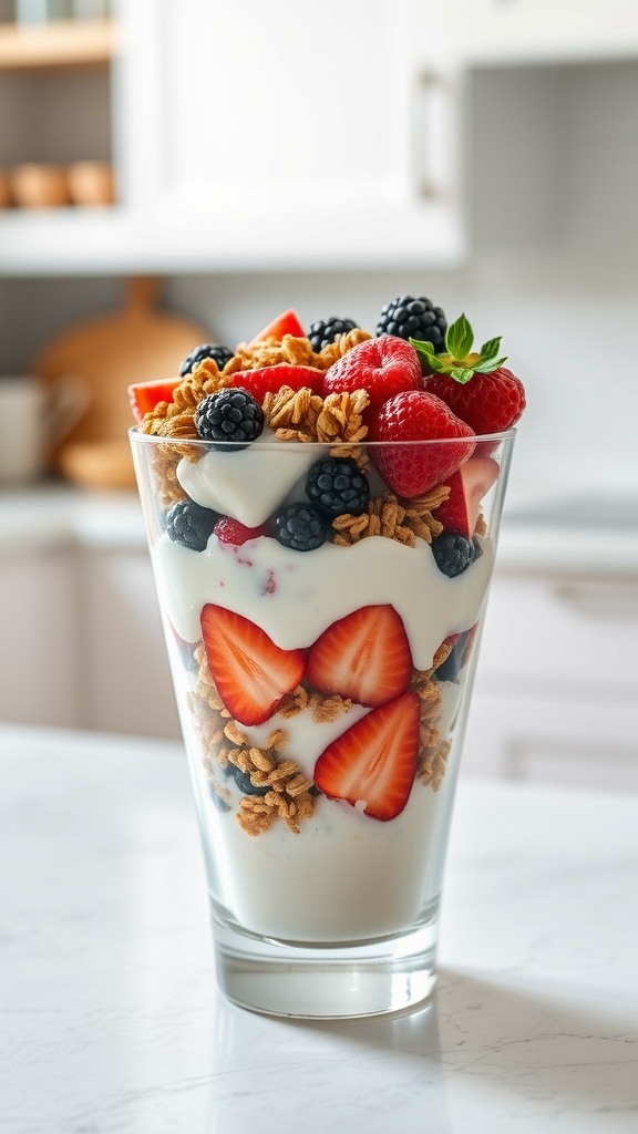 A delicious Greek yogurt parfait with layers of yogurt, fresh berries, and granola in a glass.